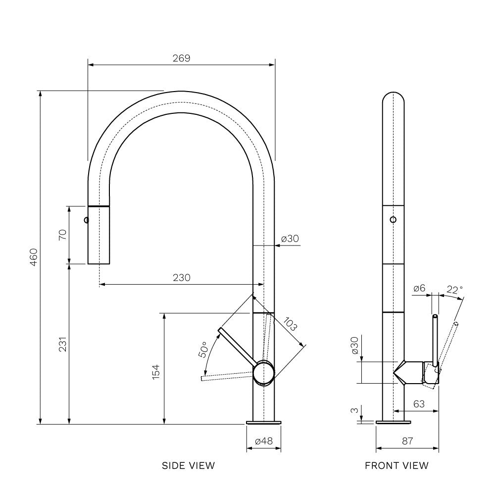 Parisi Envy 30 Kitchen Mixer with Round Spout and Pull Out Spray - Brushed Brass