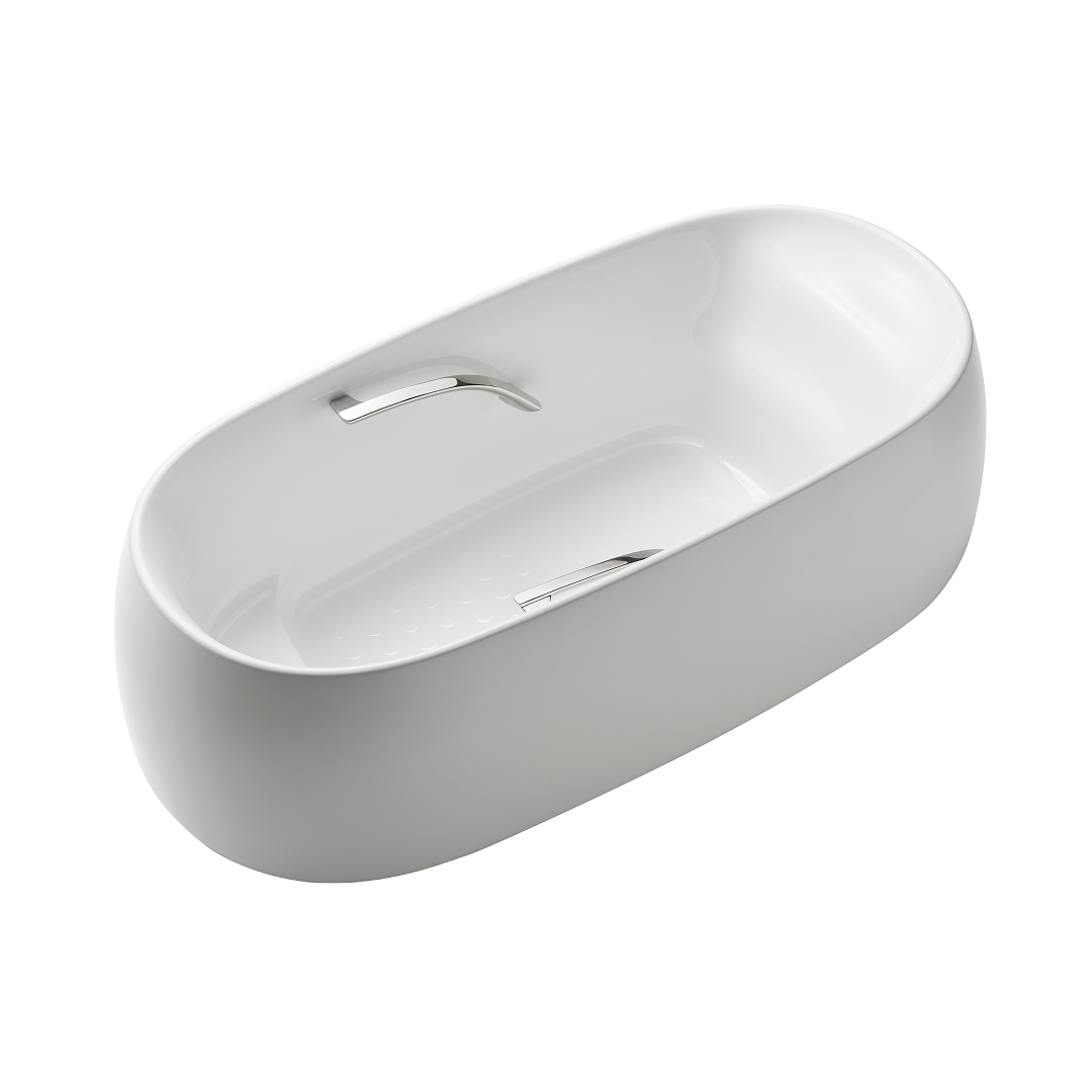 TOTO Galalato 1695 Reinforced Marble Freestanding Bath with Silver Hand Grips - Matte White - PJY1744WHPWE#MW