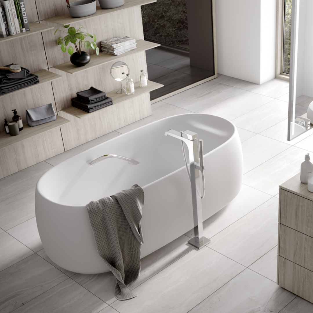 TOTO Galalato 1695 Reinforced Marble Freestanding Bath with Nickel Hand Grips - Matte White - PJY1744NHPWE#MW