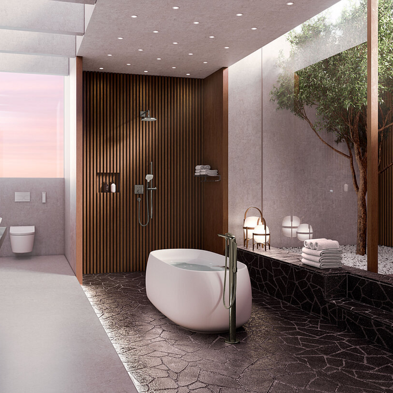 TOTO Galalato 1695 Reinforced Marble Freestanding Bath with Nickel Hand Grips - Matte White