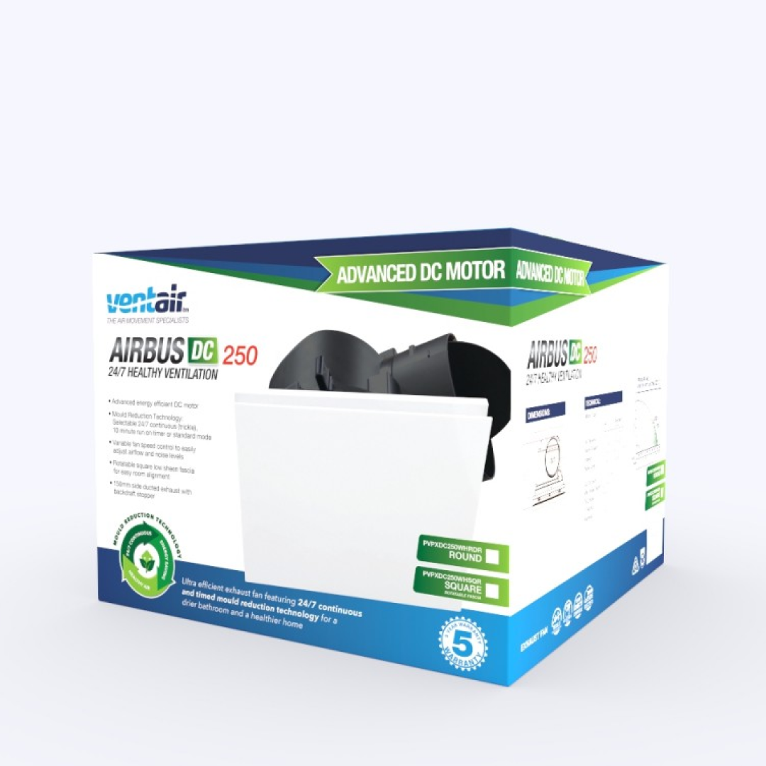 Ventair Airbus DC 250 Square Exhaust Fan - PVPXDC250WHSQR