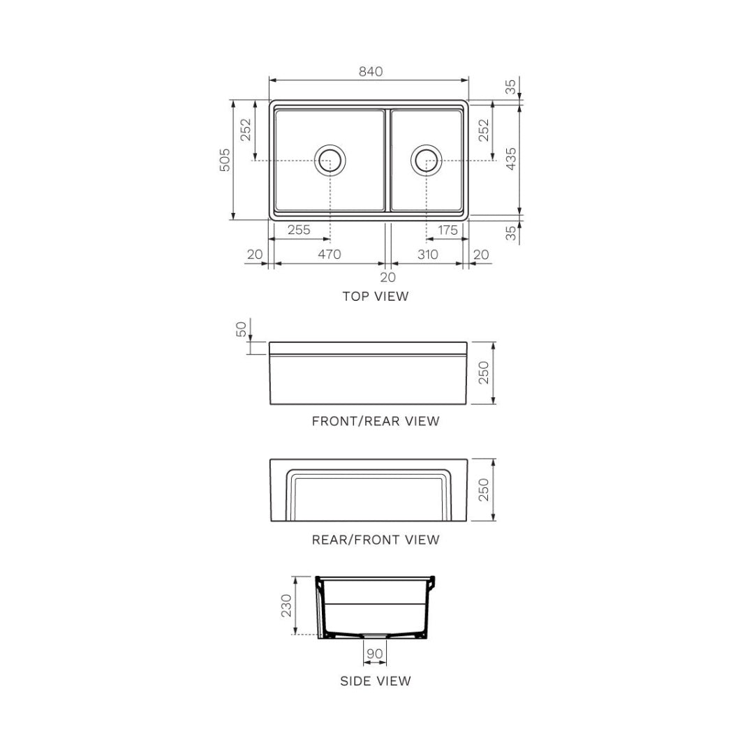 Parisi Cornice Double Bowl Sink 840mm - Gloss White - SMTOS33D