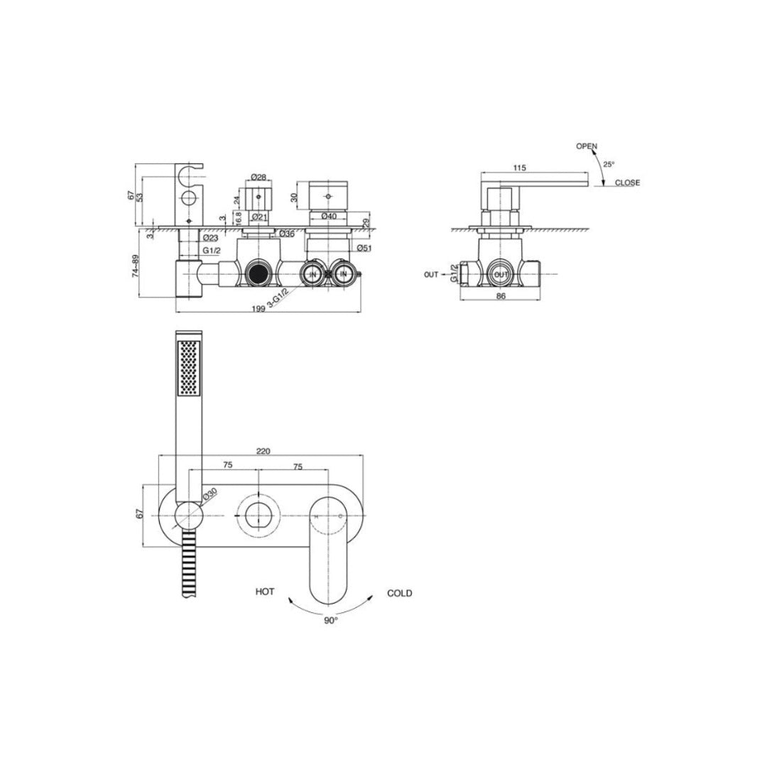 Parisi Ellisse Mixer, 3-Way Diverter, Shower - Chrome - EE.04-D3E-A