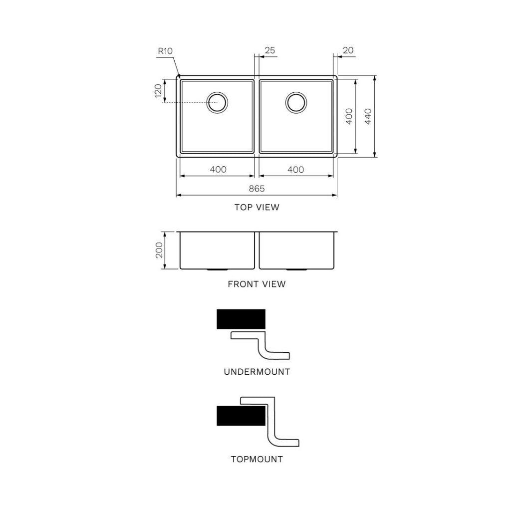 Parisi Quadro Double Bowl Sink 865mm - Stainless Steel - PK8644