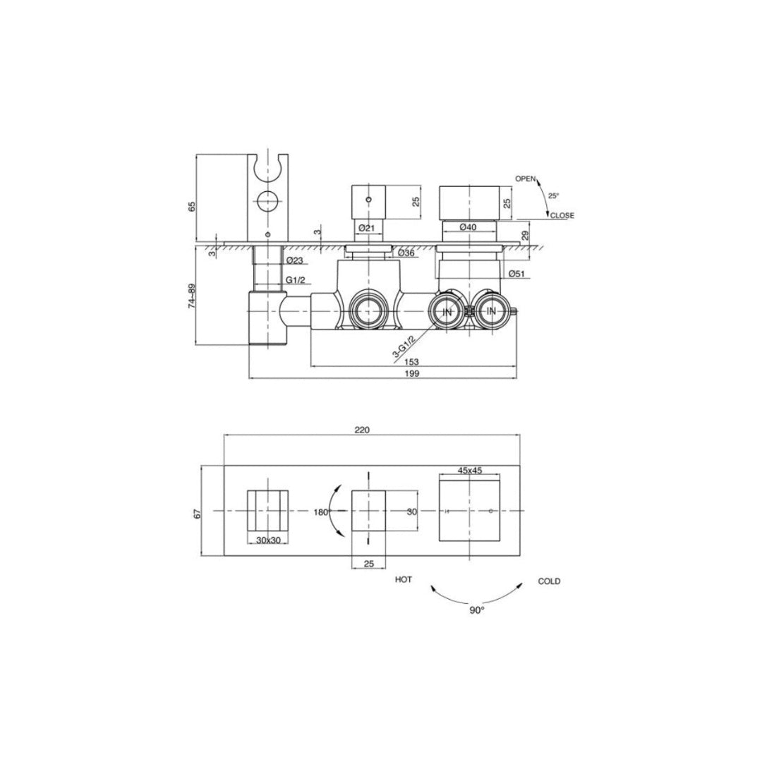 Parisi Quadro Mixer, 3-Way Diverter, Hand Shower - Chrome - QQ.04-D3Q-A