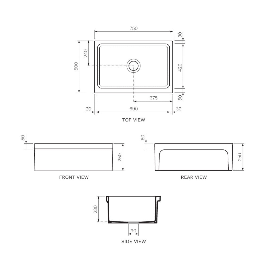 Parisi Veneto Single Bowl Sink 750mm - Gloss White - SMQ530