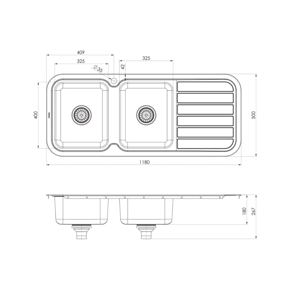 Phoenix 1000 Series Double Left Hand Bowl Sink 1TH - Stainless Steel - 300-2111-50