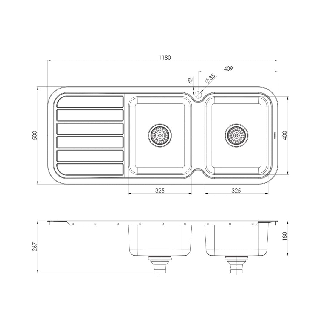 Phoenix 1000 Series Double Right Hand Bowl Sink & Drainer 1TH - 300-2211-50