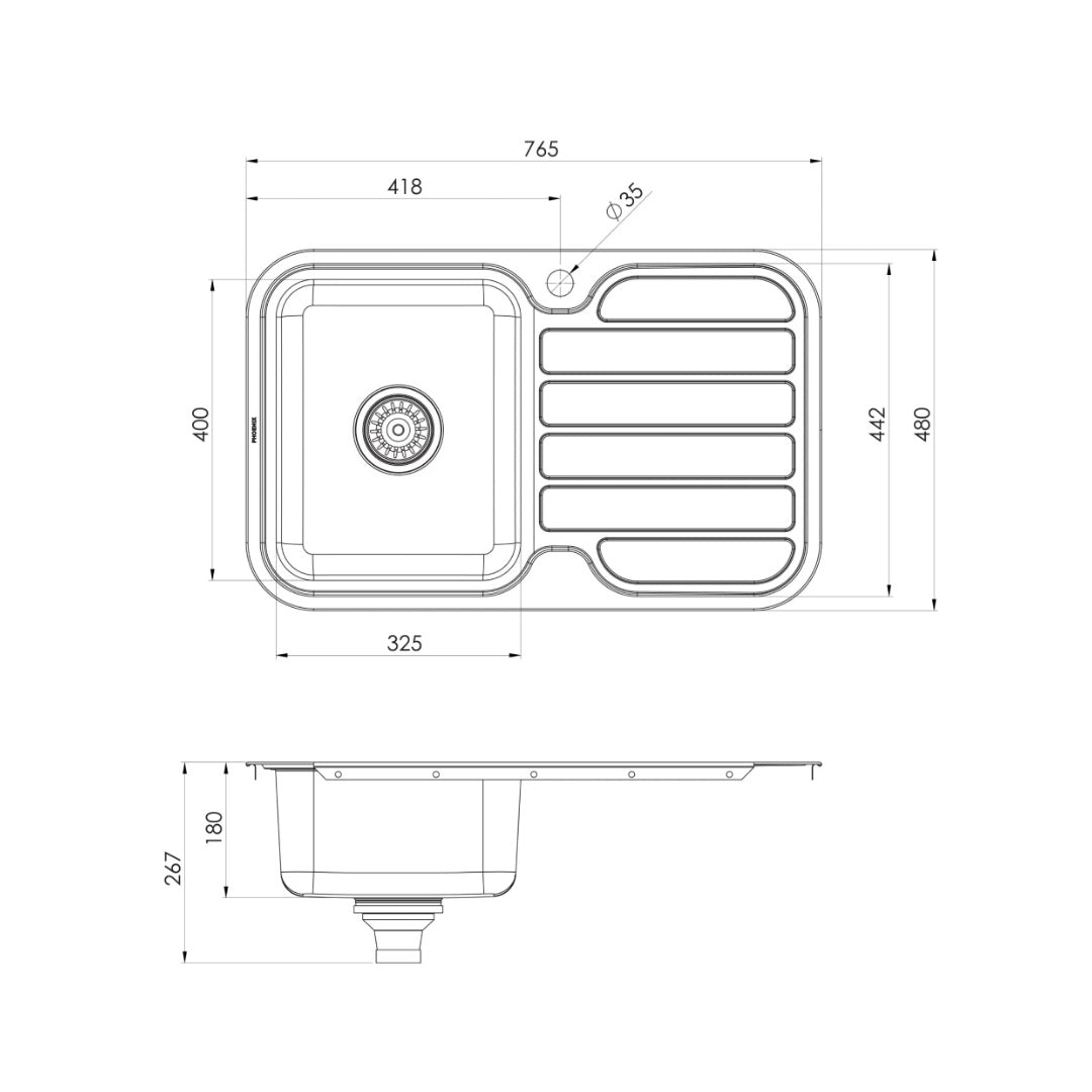 Phoenix 1000 Series Left Hand Sink & Drainer 1TH - Stainless Steel - 300-1111-50