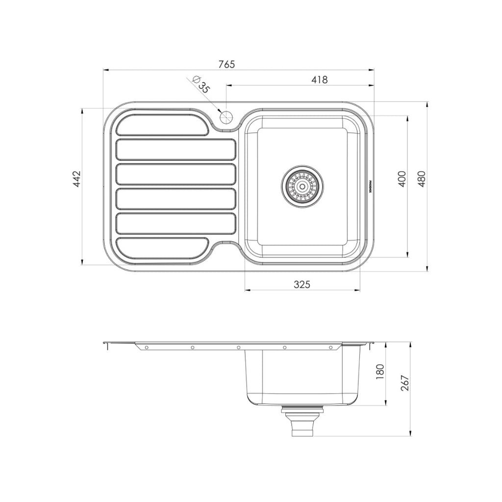 Phoenix 1000 Series Right Hand Sink & Drainer 1TH - Stainless Steel - 300-1211-50