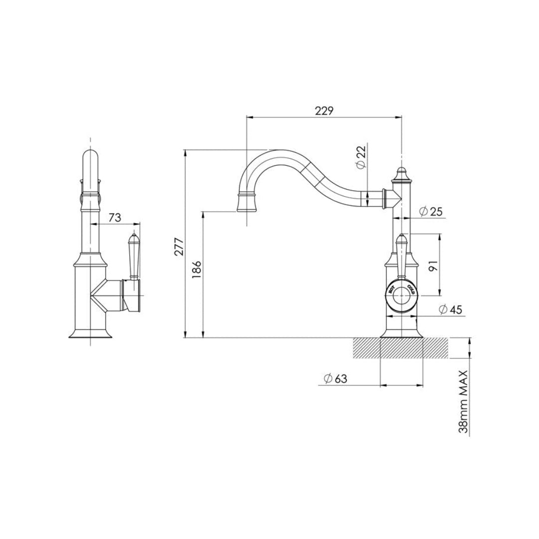 Phoenix Nostalgia Sink Mixer 220mm Shepherds Crook - Chrome - NS738 CHR