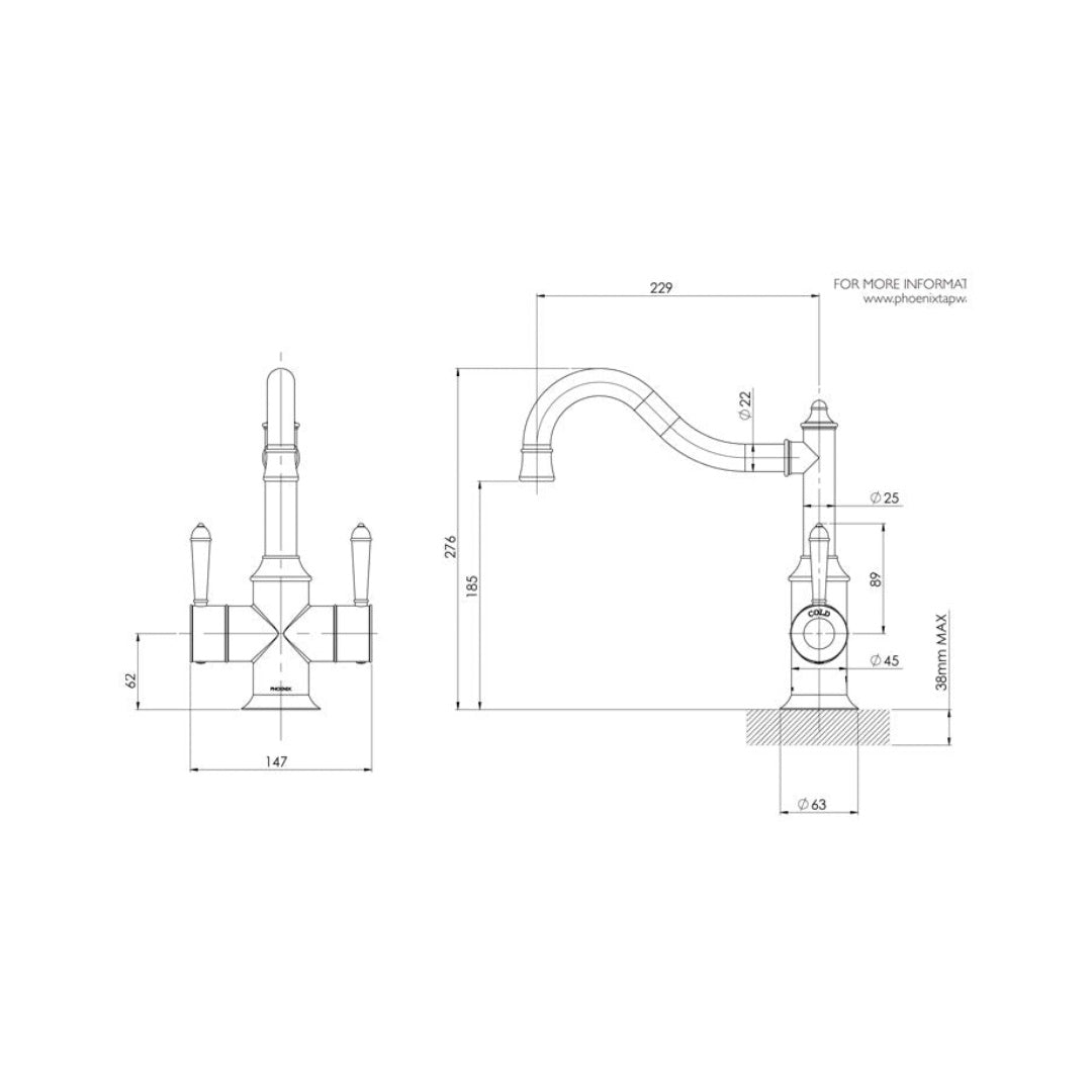 Phoenix Nostalgia Twin Handle Sink Mixer 220mm Shepherds Crook - Chrome - NS714 CHR