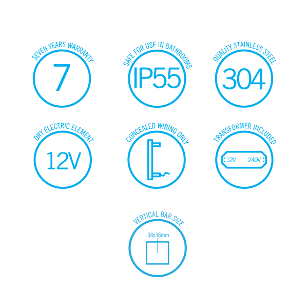 Thermorail 12V Square 900 Vertical Single Bar Heated Towel Rail - VS900SHB Matte Black