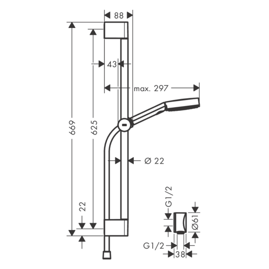 Hansgrohe Pulsify Select S 65cm Rail Shower 105 3Jet Relaxation - Chrome - 24161003