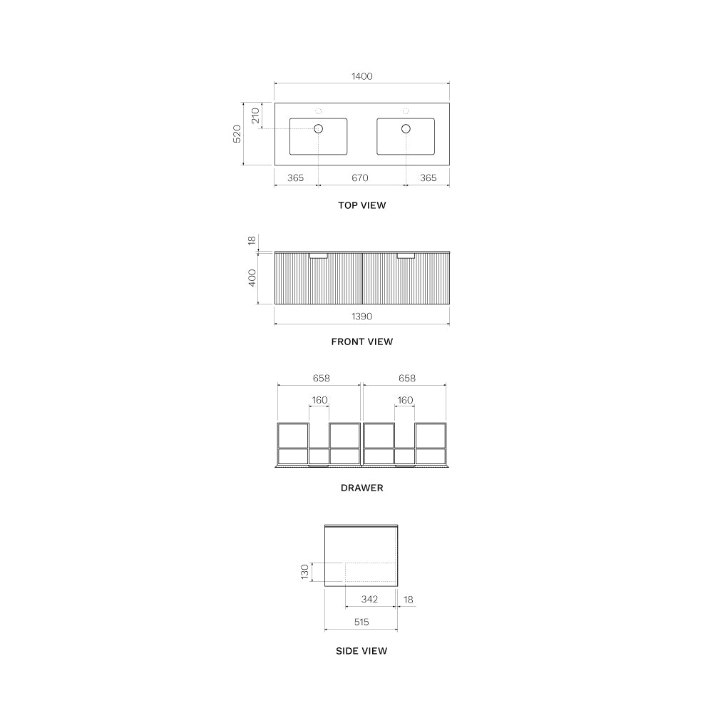 Parisi Riga 1400 Wall Mounted Cabinet with Marble Top Double Bowl - Black Walnut - RG-1400-BW