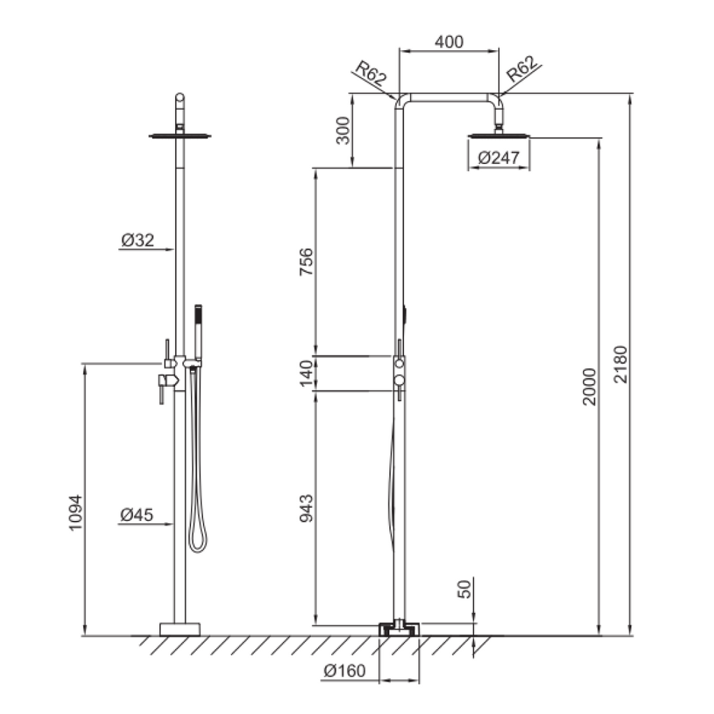 Gareth Ashton 316 Stainless Steel Freestanding Shower System - RHS08-EXT-316 + RHS08-INT-316