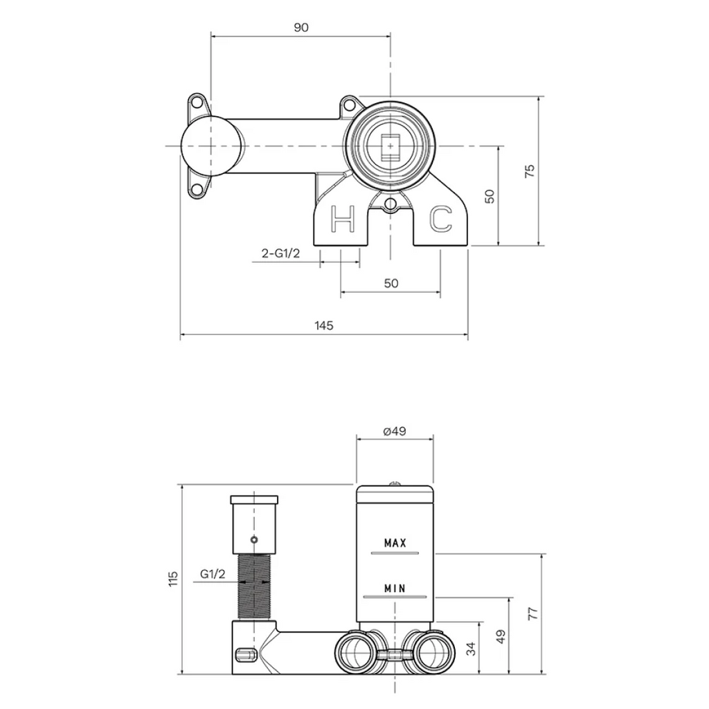 Parisi Recessed Mixer Body with Side Outlet ON-OFF - X2.01-2W