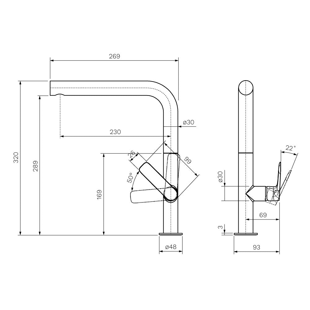Parisi Slim 30 Kitchen Mixer with Straight Spout - Brushed Brass