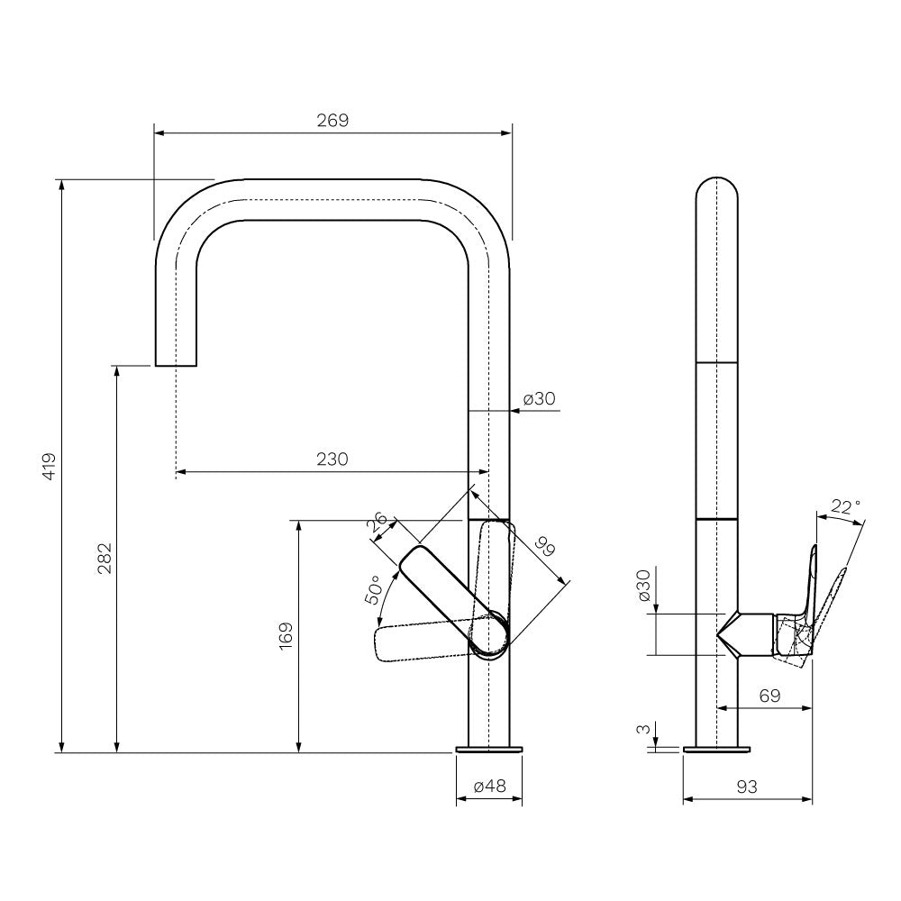 Parisi Slim 30 Kitchen Mixer with Square Spout - Brushed Brass