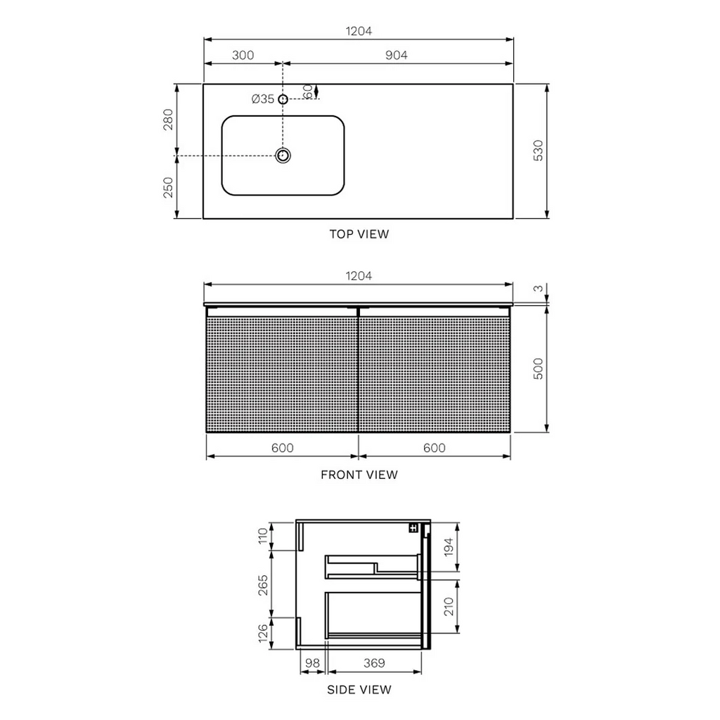 Parisi Esclusivo Skin 1200 Wall Cabinet Filo Mercurio with Opalite Bianco Left Bowl Top - 1 Tap Hole SK-1201L-FM-OB