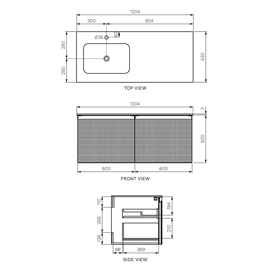 Parisi Esclusivo Skin 1200 Wall Cabinet Filo Mercurio with Opalite Bianco Left Bowl Top - 1 Tap Hole SK-1201L-FM-OB
