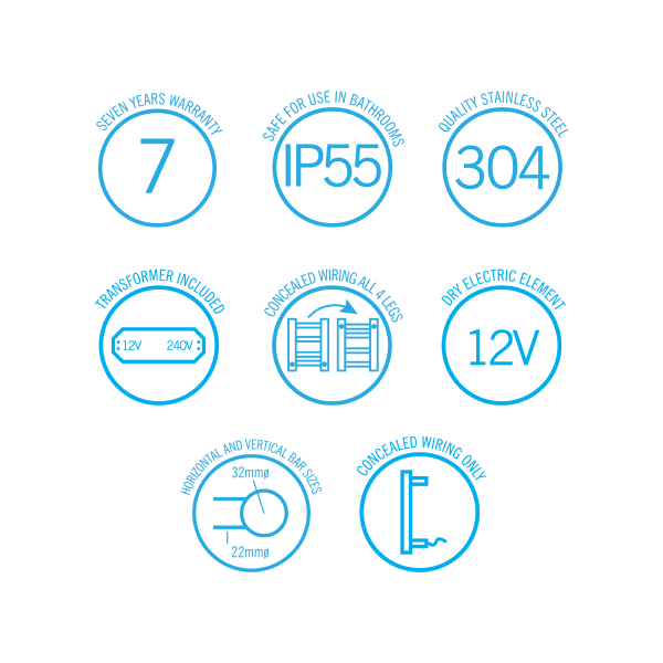 Thermorail 12V Round 550 Ladder Heated Towel Rail - SRB2512 Brushed Stainless Steel