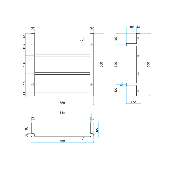 Thermorail 12V Round 550 Ladder Heated Towel Rail - SRB2512 Brushed Stainless Steel