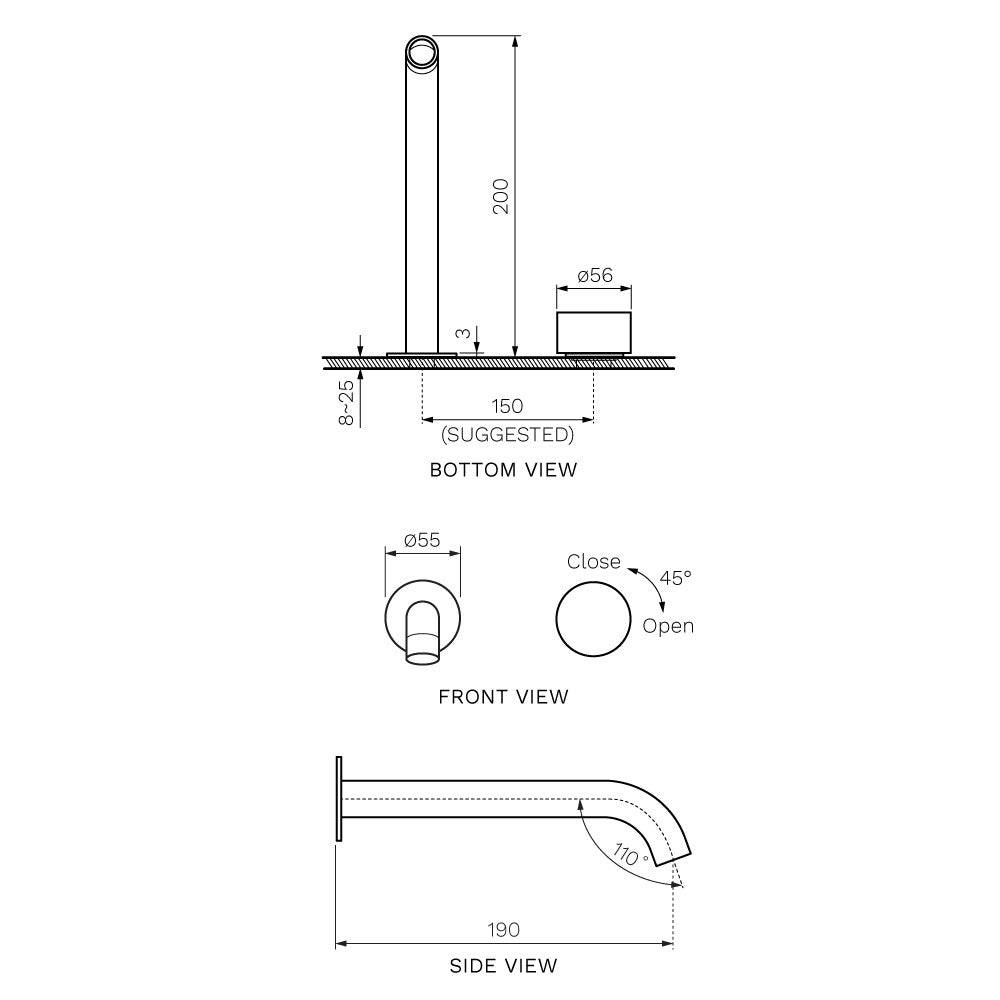 Parisi Stereo Wall Mixer with 190mm Spout (Individual Flanges) - Matt Black - SS.01-2RF190C.02