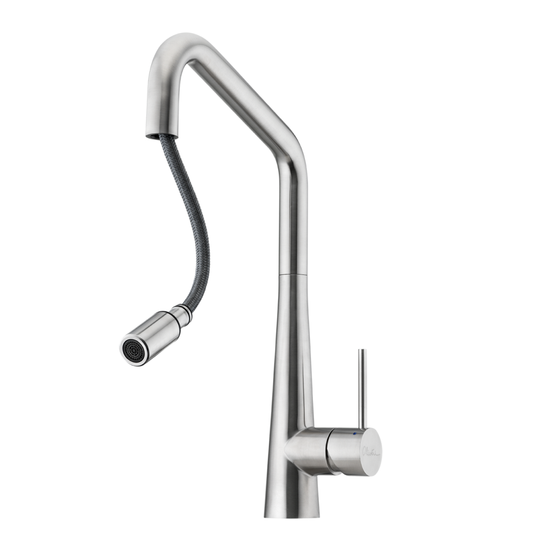 Oliveri Essente SS316 Square Gooseneck Pull Out Sink Mixer - Natural Stainless Steel - SS31675
