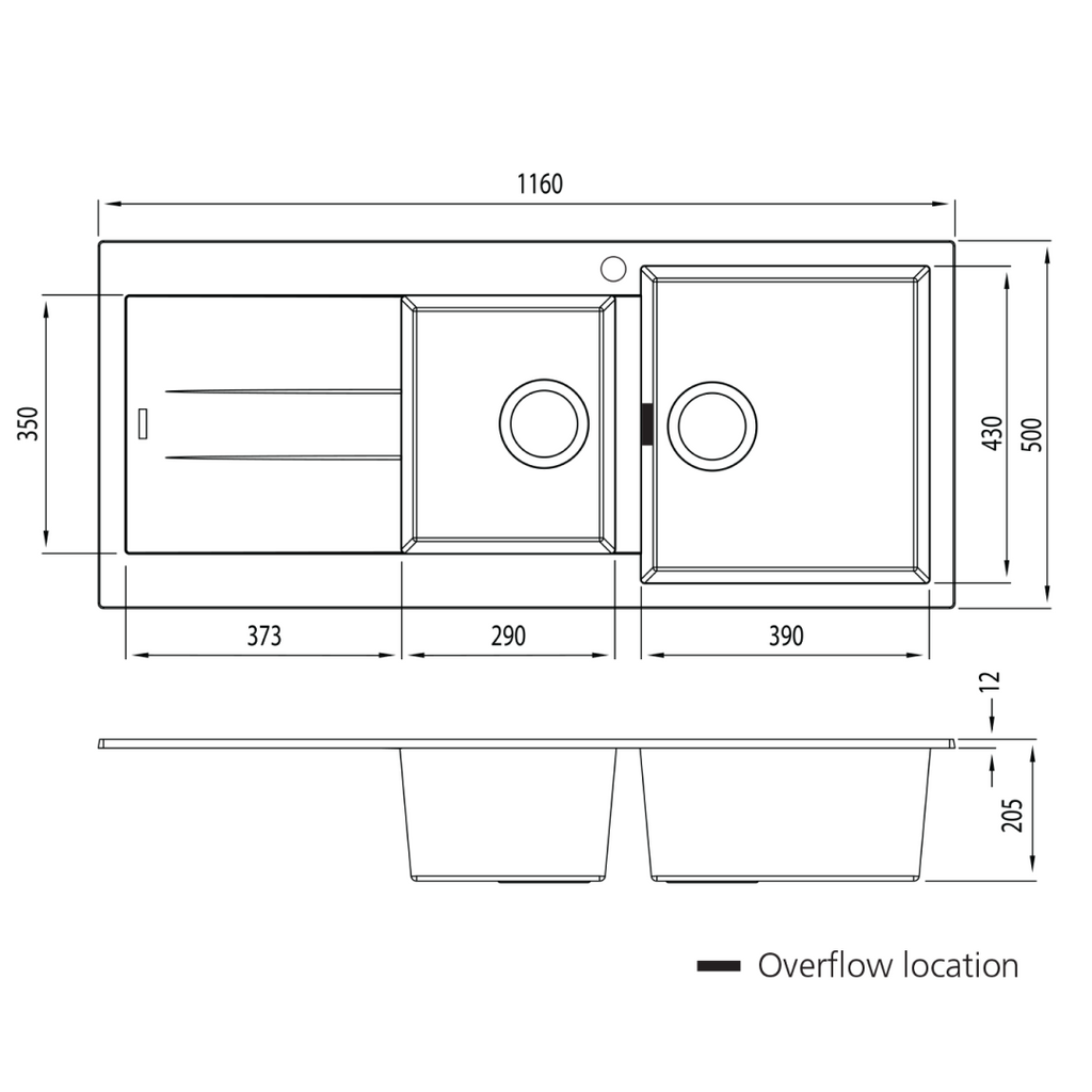 Oliveri Santorini 1 & 3/4 Bowl Topmount Sink with Drainer - Black ST-BL1512 OF