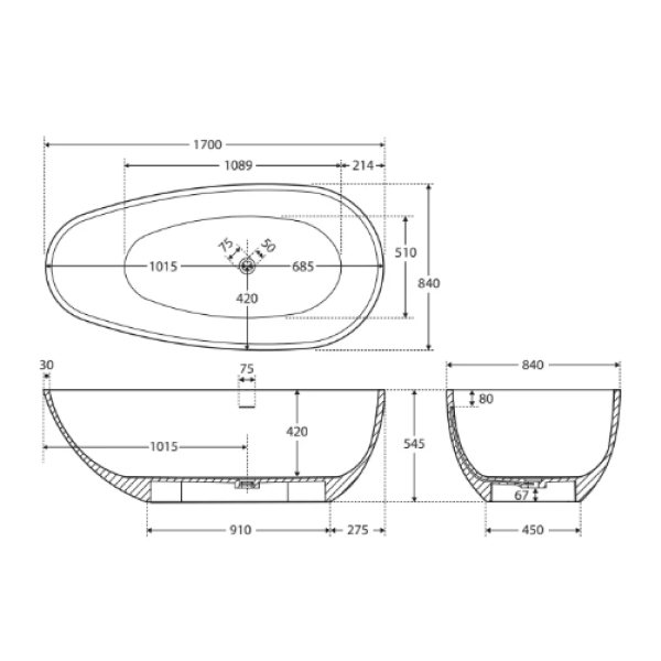 Fienza Bahama 1685mm Freestanding Stone Bath with Overflow - Matte Black - ST03-MB