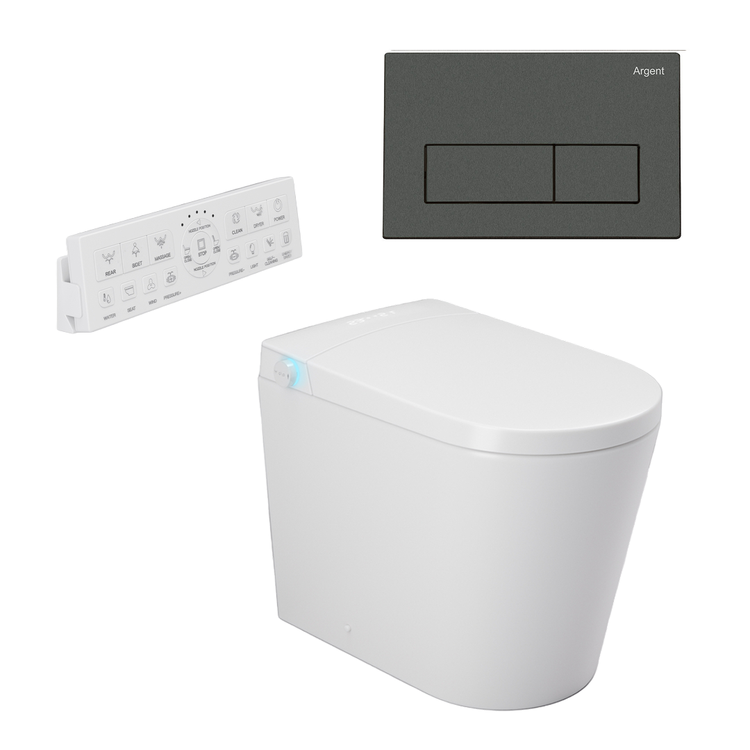 Argent Evoke Wall Faced Smart Toilet Package Includes Argent 80 Smart Cistern - Includes Gun Metal Kubic Button - SWF100A80 + IN38785GM