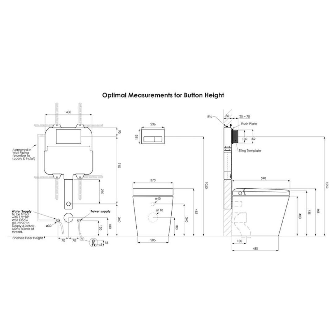 Argent Evoke Wall Faced Smart Toilet Package Includes Argent 80 Smart Cistern - Includes Brushed Gold Kubic Button - SWF100A80 + IN38785BG