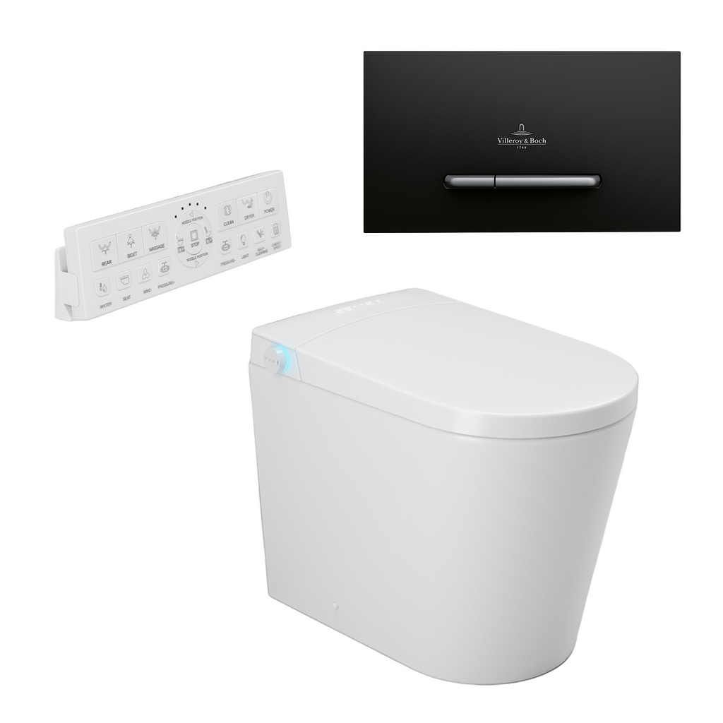 Argent Evoke Wall Faced Smart Toilet Package Includes ViSmart Cistern - Includes E300 Satin Black Plate - SWF100V80 + 922169AN