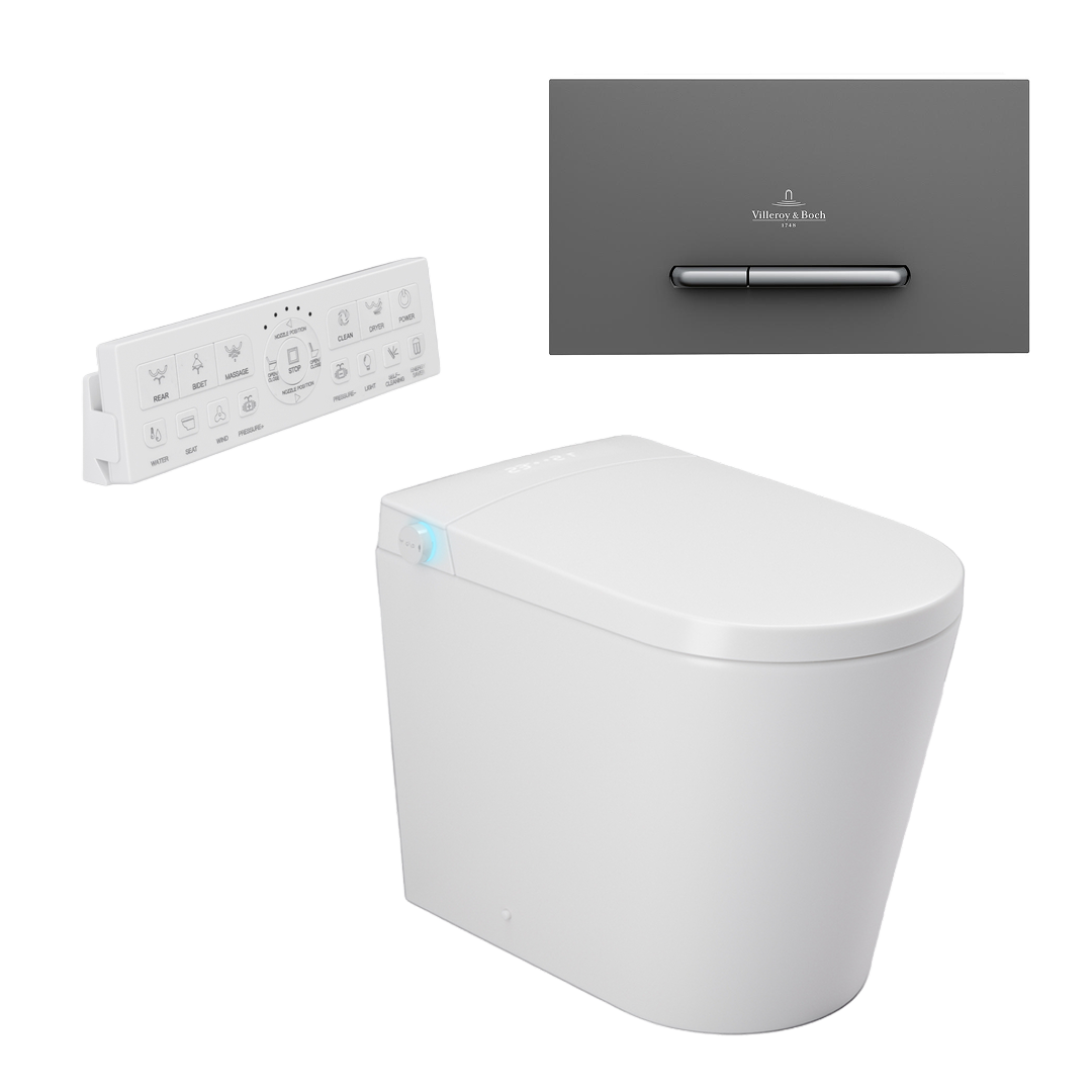 Argent Evoke Wall Faced Smart Toilet Package Includes ViSmart Cistern - Includes E300 Anthracite & Satin Plate - SWF100V80 + 922169D8