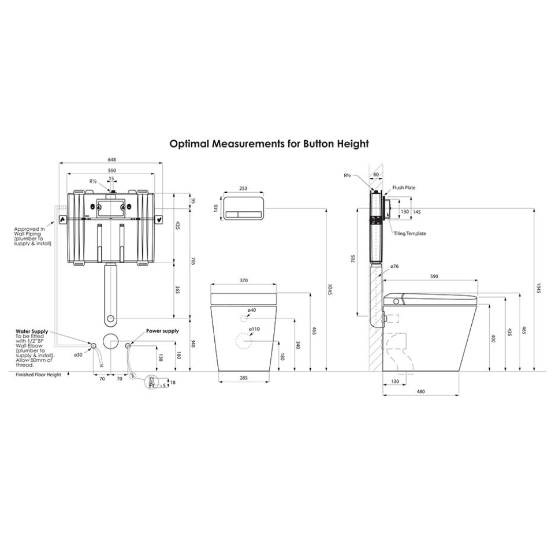 Argent Evoke Wall Faced Smart Toilet Package Includes ViSmart Cistern - No Flush Plate - SWF100V80
