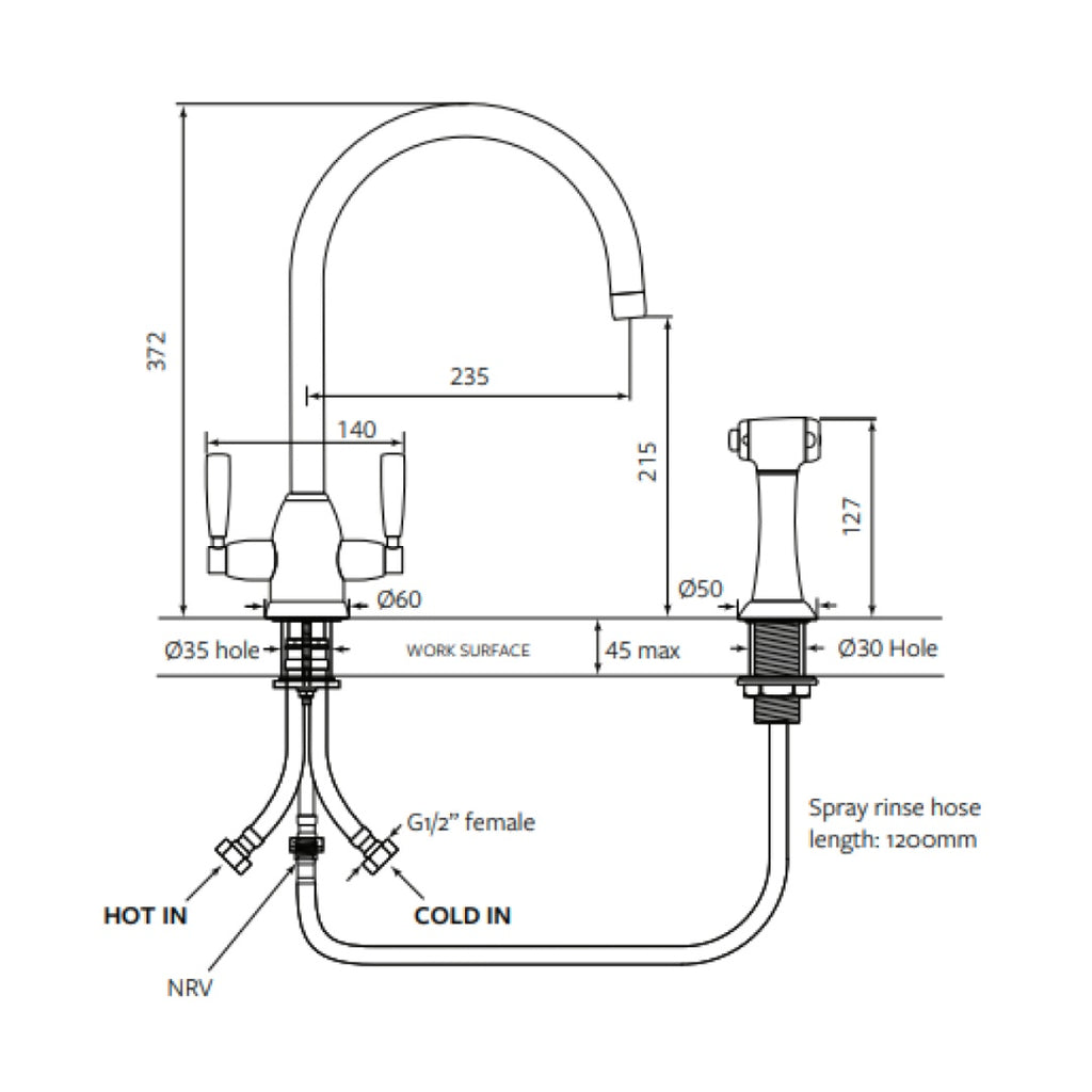 Shaws by Perrin & Rowe Silverdale Kitchen Tap with Spray Rinse - Chrome LF AUSH.4866CP-3
