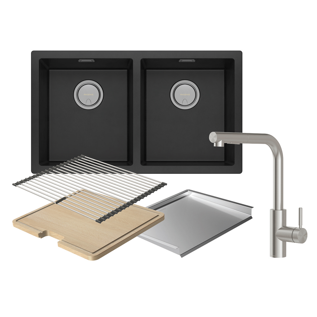 Phoenix 5000 Series Double Bowl Kitchen Sink Package - Includes Sink Mixer, Chopping Board, Roller Mat & Drainer Tray 312-2029-51