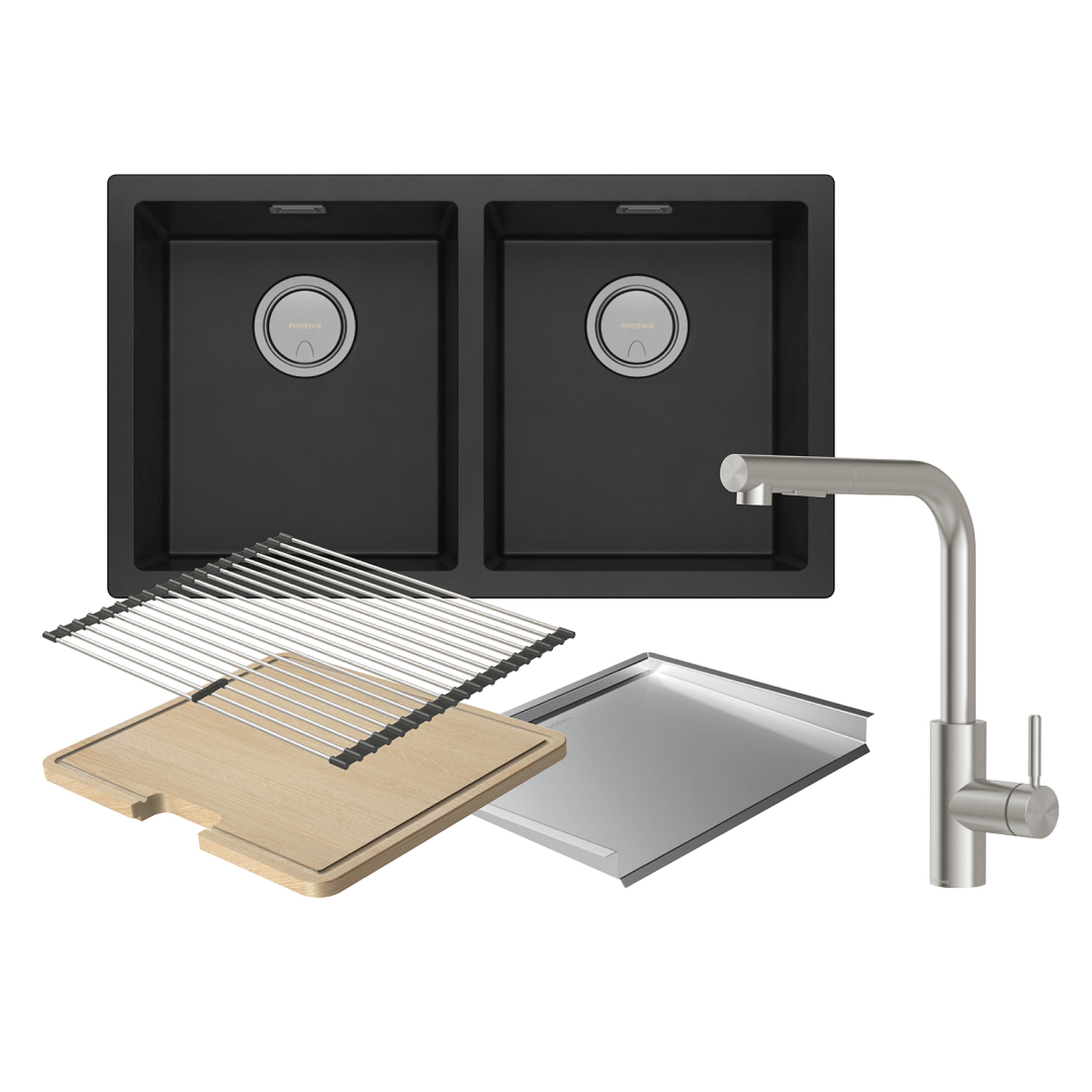 Phoenix 5000 Series Double Bowl Kitchen Sink Package - Includes Sink Mixer, Chopping Board, Roller Mat & Drainer Tray 312-2029-51