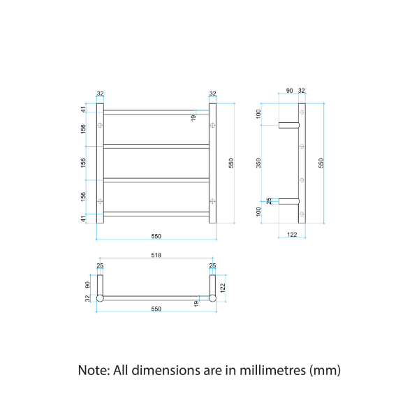 Thermorail 12V Round 550 Ladder Heated Towel Rail - SR2512B Matte Black