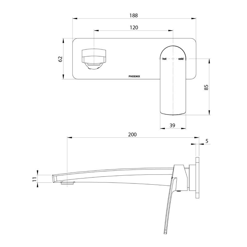 Phoenix Mekko SwitchMix Wall Basin /Bath Mixer 200mm Trim Only (Body Extra) - Chrome - 115-2812-00