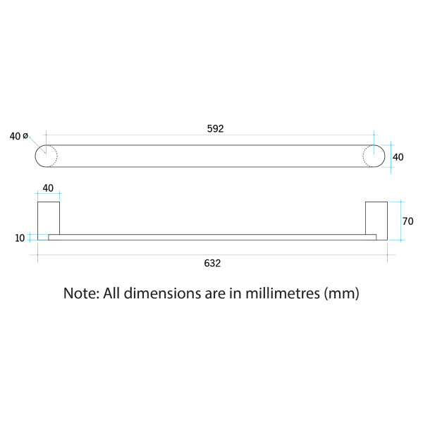 Thermorail 12V Flat Pill 632 Single Bar Heated Towel Rail - DSP6 Polished Stainless Steel