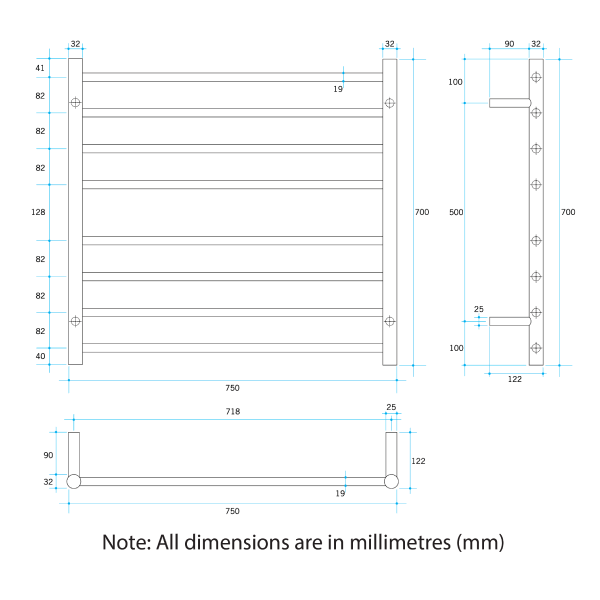 Thermorail 240V Round 750 Ladder Heated Towel Rail - SRB33M Brushed Stainless Steel
