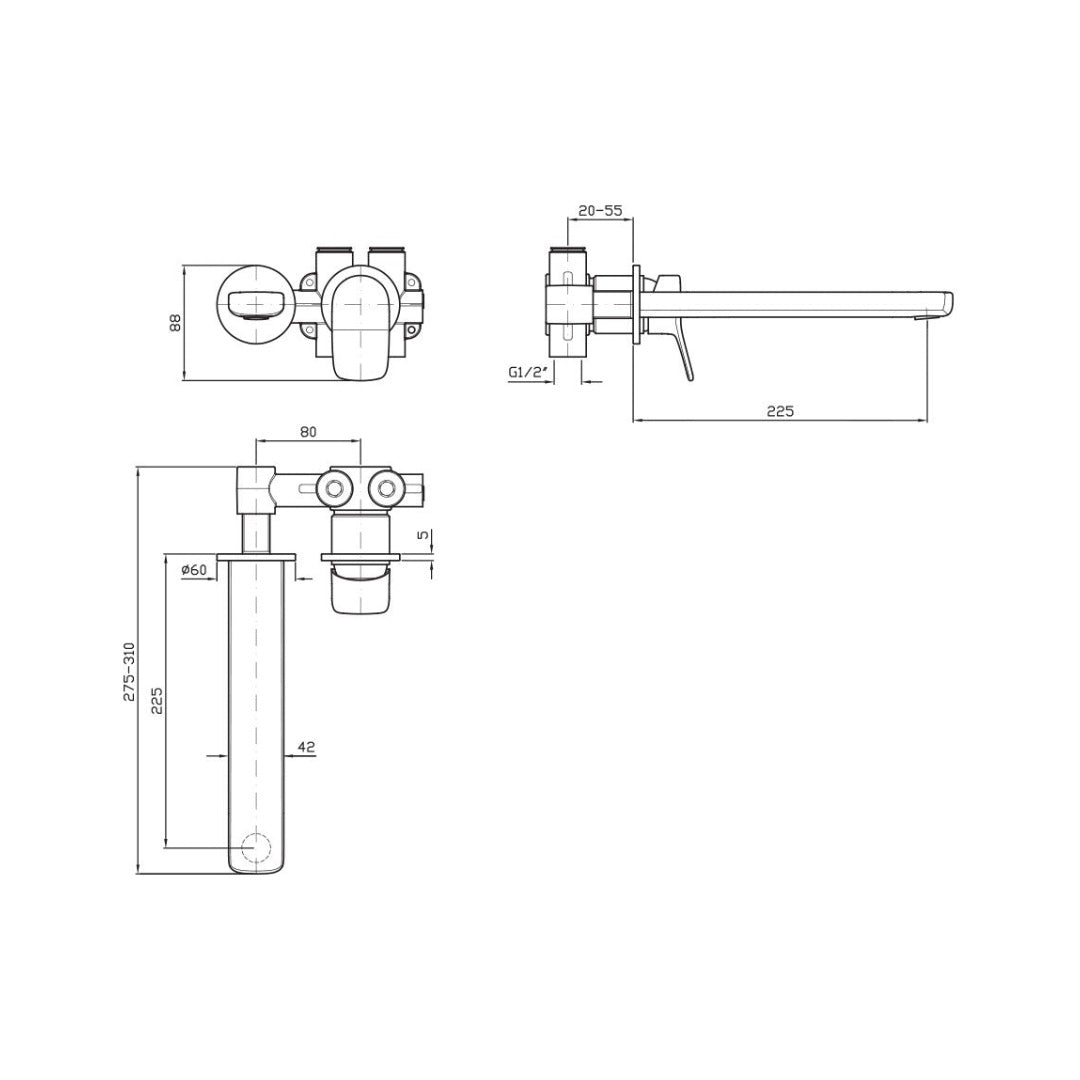 Zucchetti Brim Wall Basin Mixer 225mm Spout Includes In-Wall Body - Chrome - ZBR674 + R99815