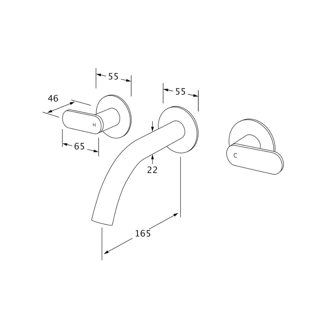 Sussex Duet 165 Wall Bath Tap Set - Chrome - DBS165