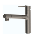 A modern single-handle kitchen faucet with a brushed metal finish, featuring a curved spout and a side lever handle, shown against a plain white background.