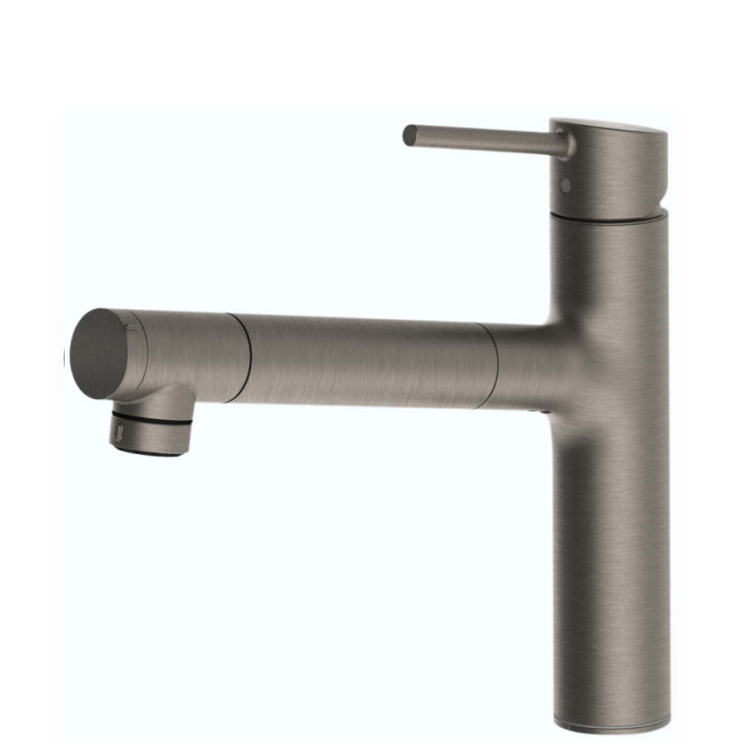 A modern single-handle kitchen faucet with a brushed metal finish, featuring a curved spout and a side lever handle, shown against a plain white background.