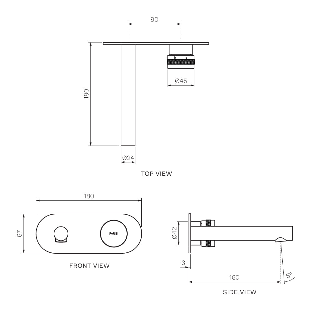 Parisi Todo II Wall Mixer with 160mm Spout on Elliptical Plate - Matt Black - T2DO.01-2E160.02