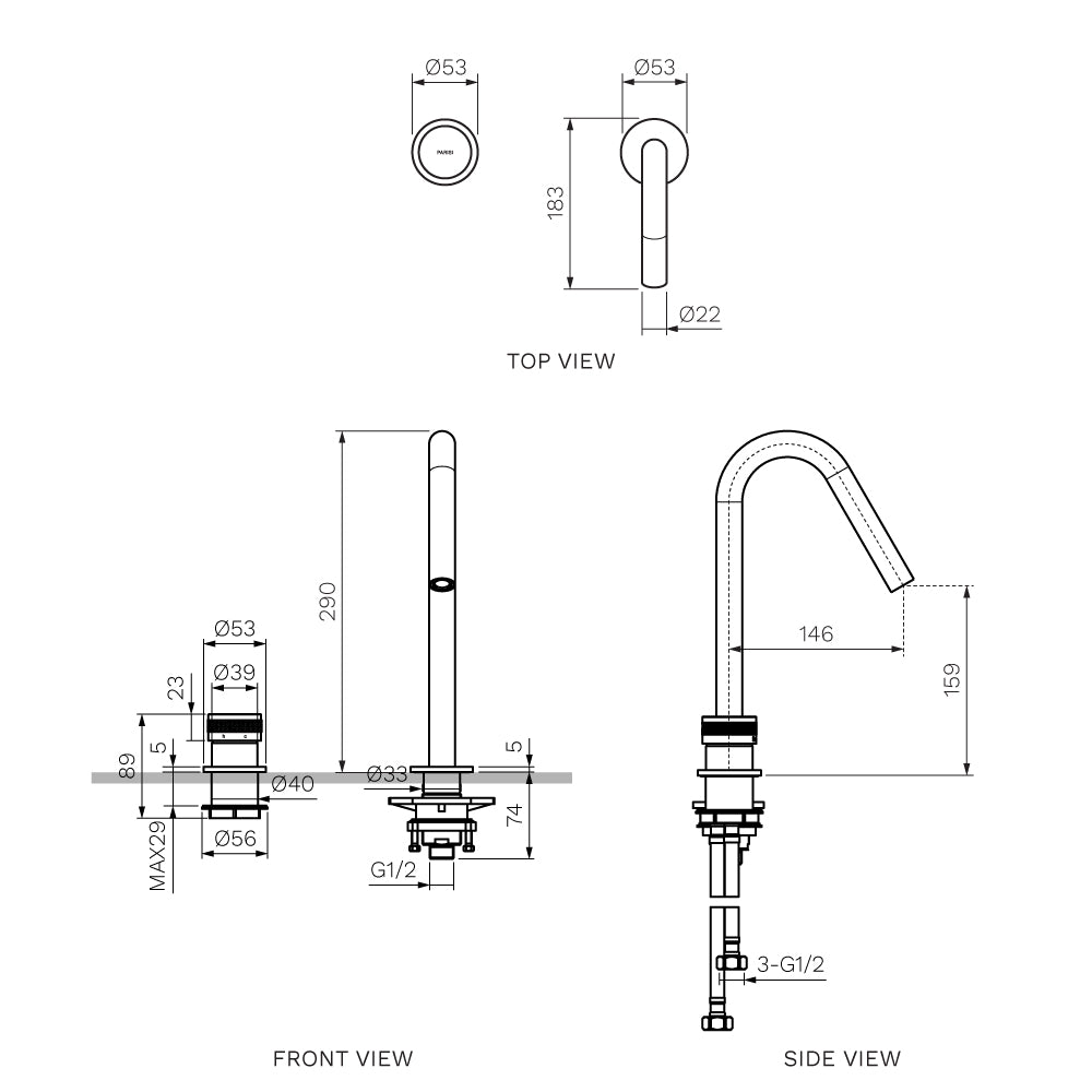 Parisi Todo II Hob Mixer with Gooseneck Swivel Spout - Matt Bronze - T2DO.06-2HSE.48