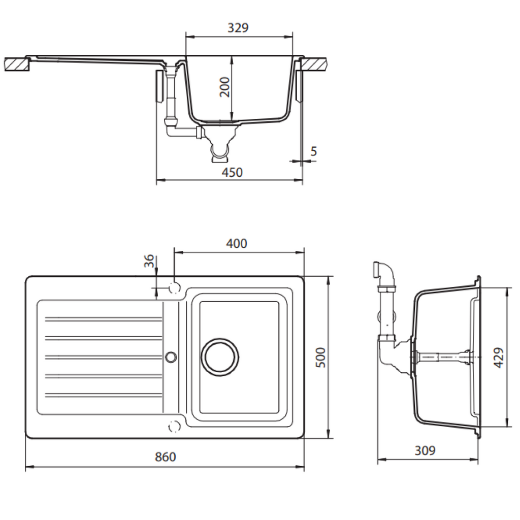 Abey SCHOCK Typos Topmount Single Right Hand Bowl Sink & Drainer 1TH - Concrete - TD100CRH